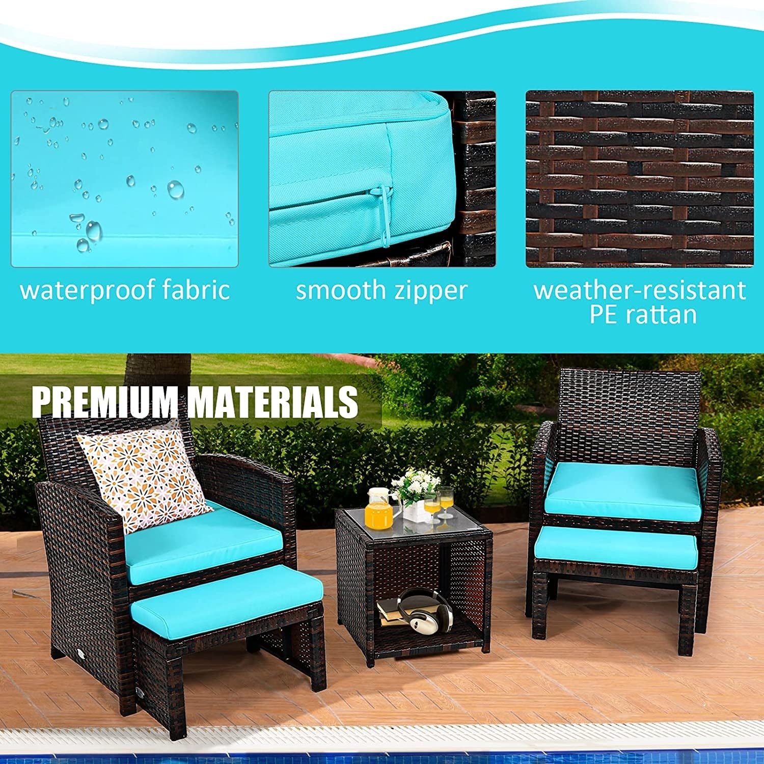 5 Pieces Patio Rattan Furniture Set with Ottoman and Tempered Glass Coffee Table, Turquoise Outdoor Seating & Patio Chairs at Gallery Canada