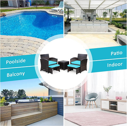 5 Pieces Patio Rattan Furniture Set with Ottoman and Tempered Glass Coffee Table, Turquoise Outdoor Seating & Patio Chairs at Gallery Canada