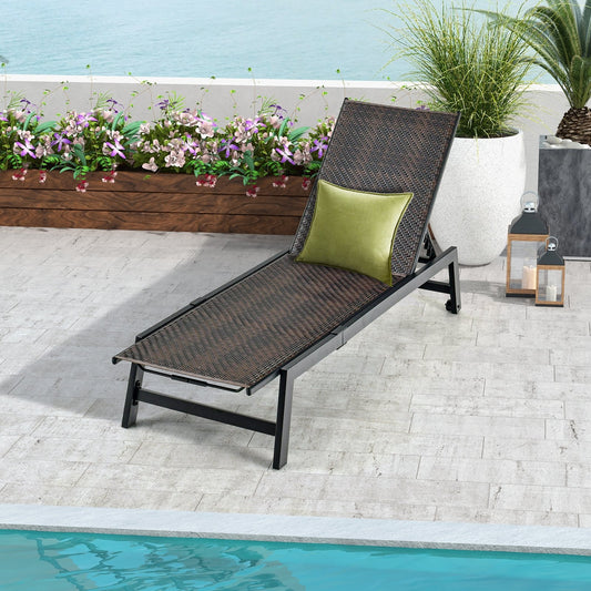 Patio PE Rattan Chaise Lounge with 5-Level Backrest and Wheels, Brown - Gallery Canada