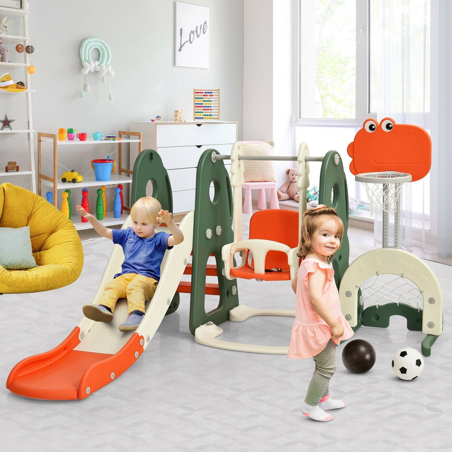 6 In 1 Toddler Slide Swing Set With Ball Games, Orange Outdoor Play at Gallery Canada
