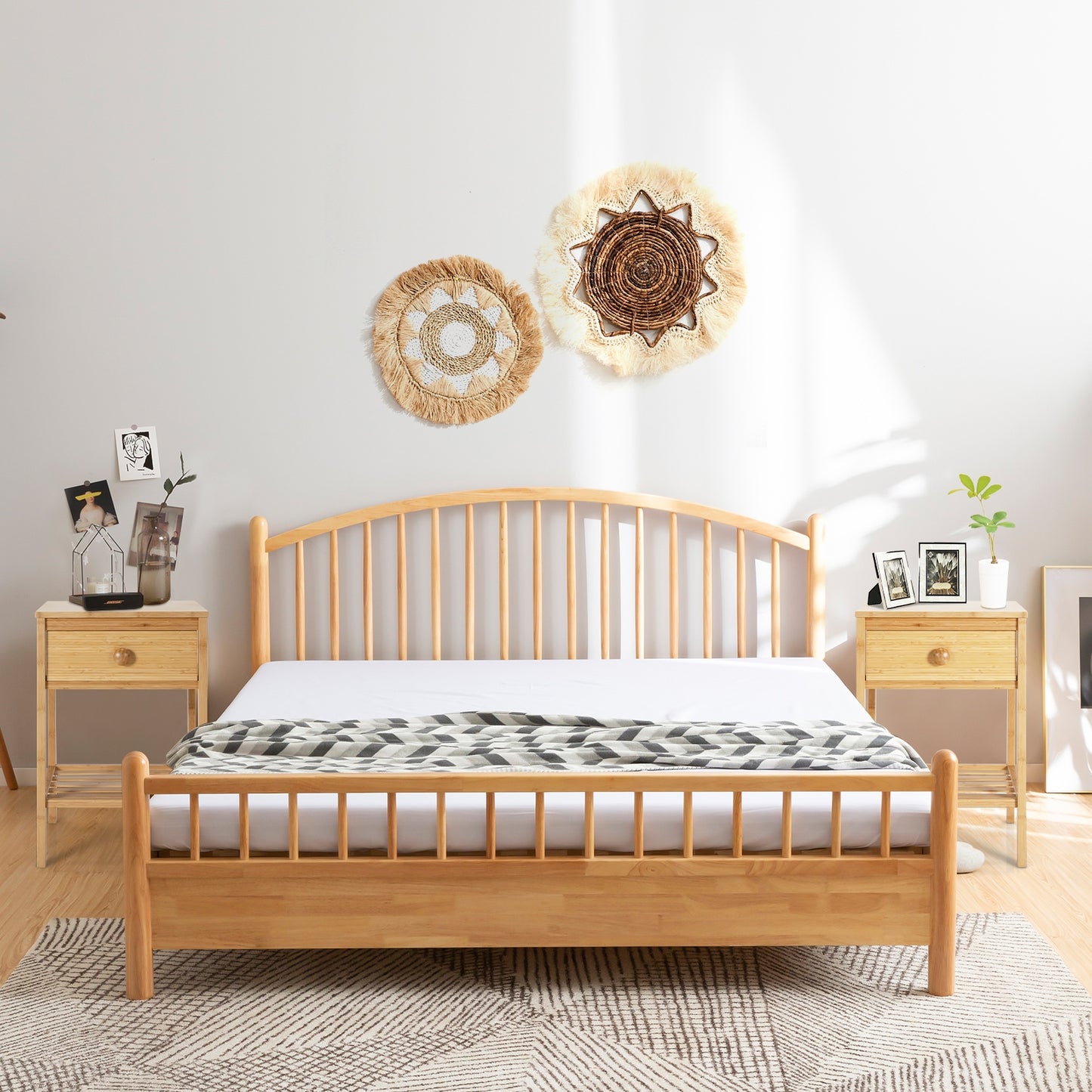 Set of 2 Bamboo End Tables with Drawer and Open Shelf, Natural Nightstands at Gallery Canada