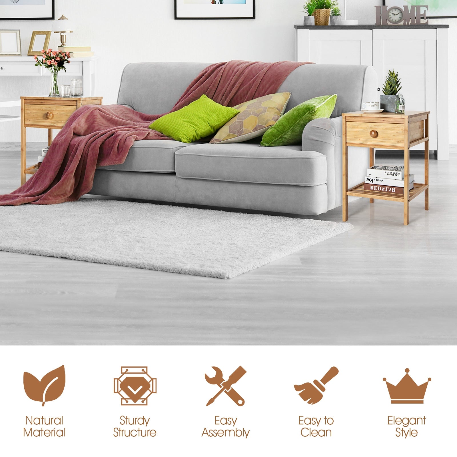 Set of 2 Bamboo End Tables with Drawer and Open Shelf, Natural Nightstands at Gallery Canada