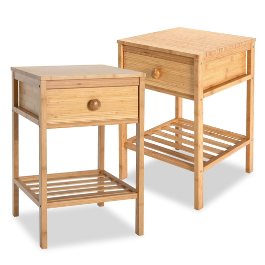 Bamboo End Tables, Set of 2, With Drawer and Open Shelf, Natural Nightstands Natural at Gallery Canada