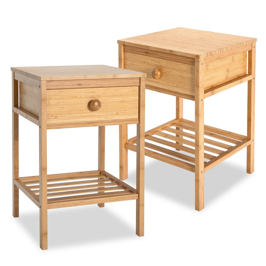 Set of 2 Bamboo End Tables with Drawer and Open Shelf, Natural