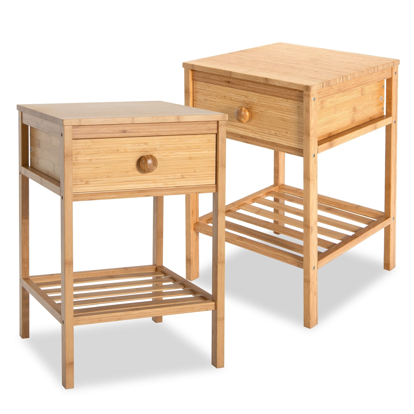 Bamboo End Tables, Set of 2, With Drawer and Open Shelf, Natural Nightstands Natural at Gallery Canada