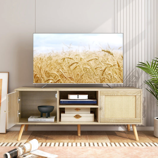 PE Rattan Media Console Table with 2 Cabinets and Open Shelves, Natural - Gallery Canada
