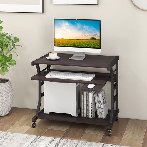 Mobile Computer Desk with Keyboard Tray Mouse Tray and Shelf, Dark Brown