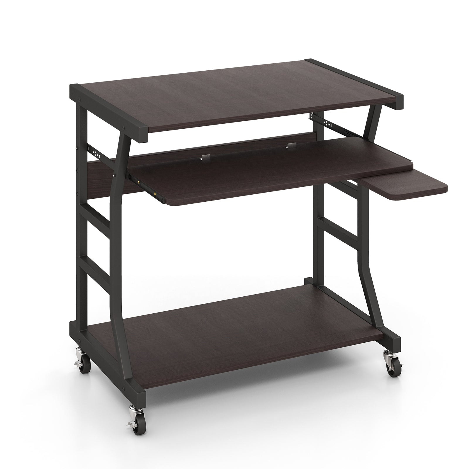 Mobile Computer Desk With Keyboard Tray, Mouse Tray, Shelf, Dark Brown Computer Desks Dark Brown at Gallery Canada