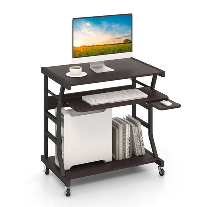 Mobile Computer Desk with Keyboard Tray Mouse Tray and Shelf, Dark Brown