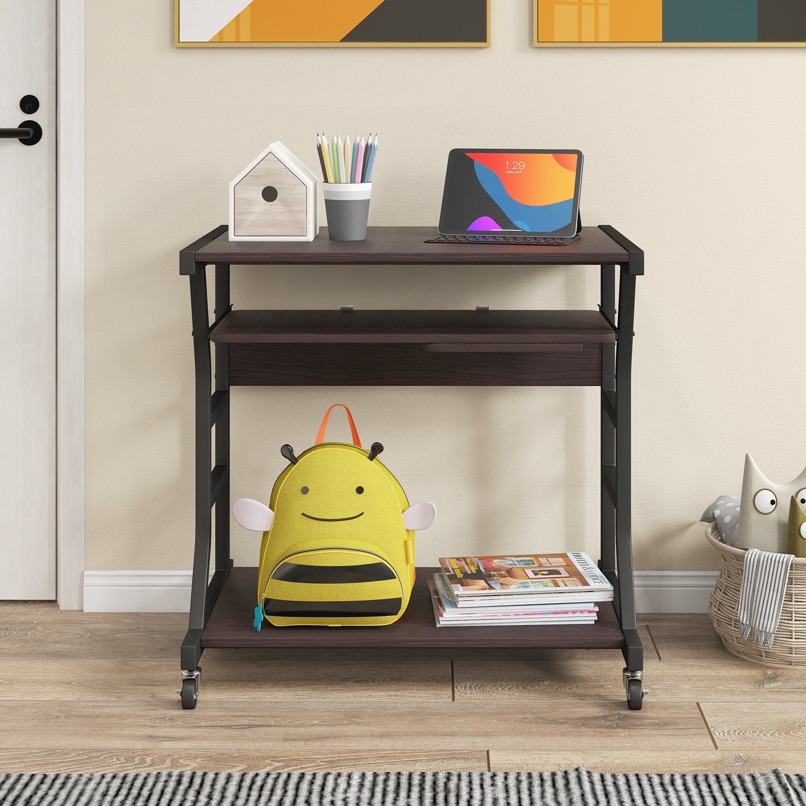 Mobile Computer Desk with Keyboard Tray Mouse Tray and Shelf, Dark Brown Computer Desks at Gallery Canada
