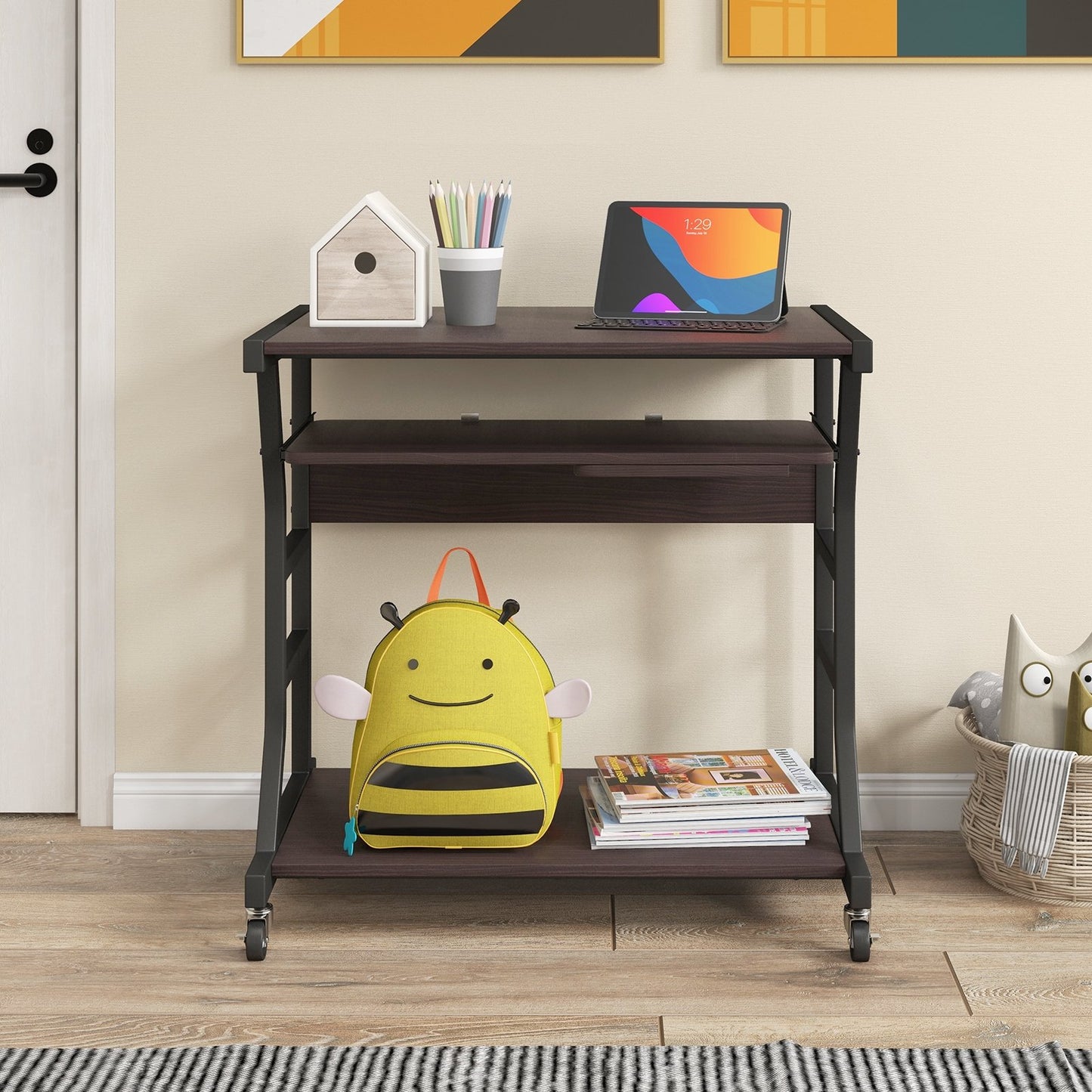 Mobile Computer Desk with Keyboard Tray Mouse Tray and Shelf, Dark Brown Computer Desks at Gallery Canada