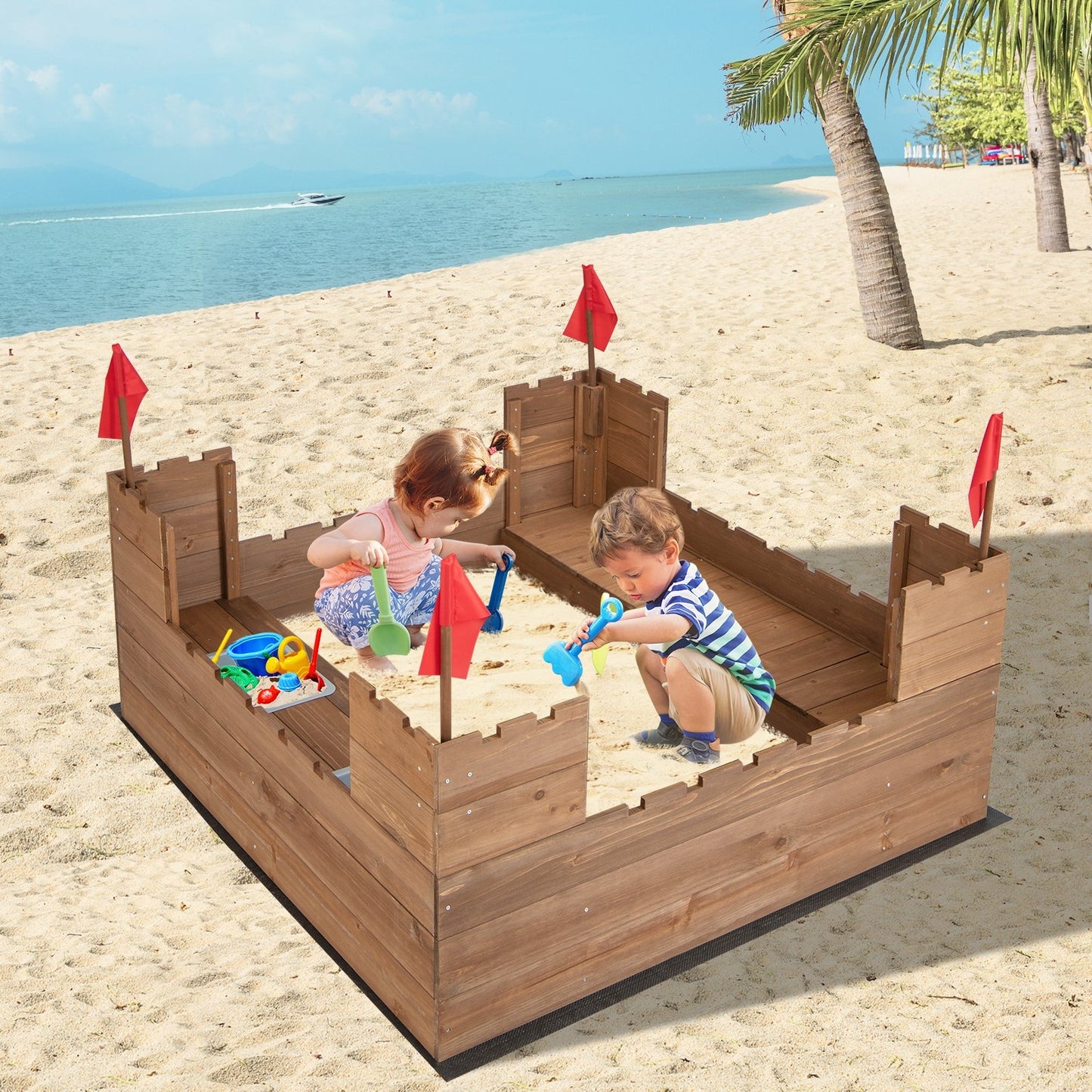 Kids Wooden Sandbox with Bottom Liner and Red Flags, Natural - Gallery Canada