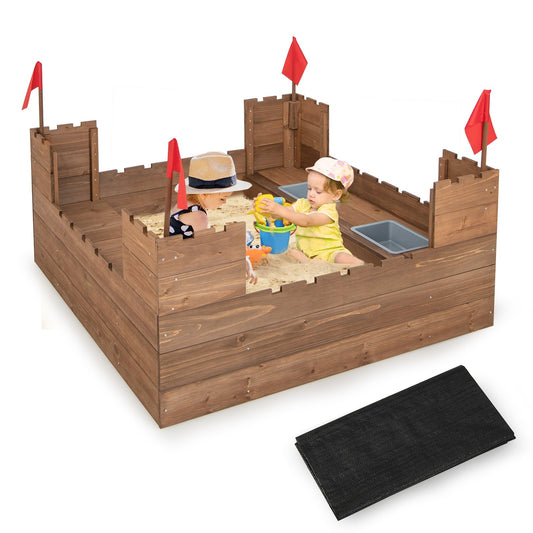 Kids Wooden Sandbox with Bottom Liner and Red Flags, Natural