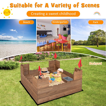 Kids Wooden Sandbox with Bottom Liner and Red Flags, Natural - Gallery Canada