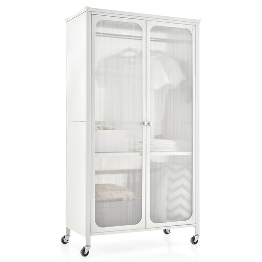 Rolling Storage Armoire Closet, Hanging Rod, Adjustable Shelf, White