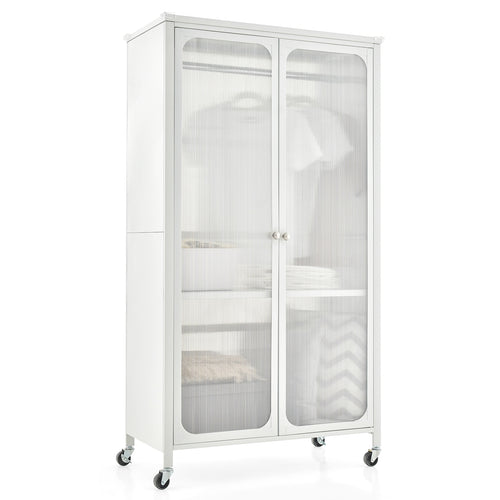 Rolling Storage Armoire Closet, Hanging Rod, Adjustable Shelf, White