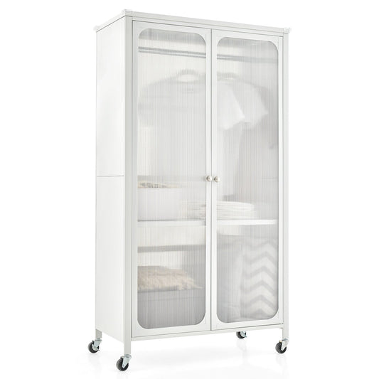 Rolling Storage Armoire Closet with Hanging Rod and Adjustable Shelf, White - Gallery Canada