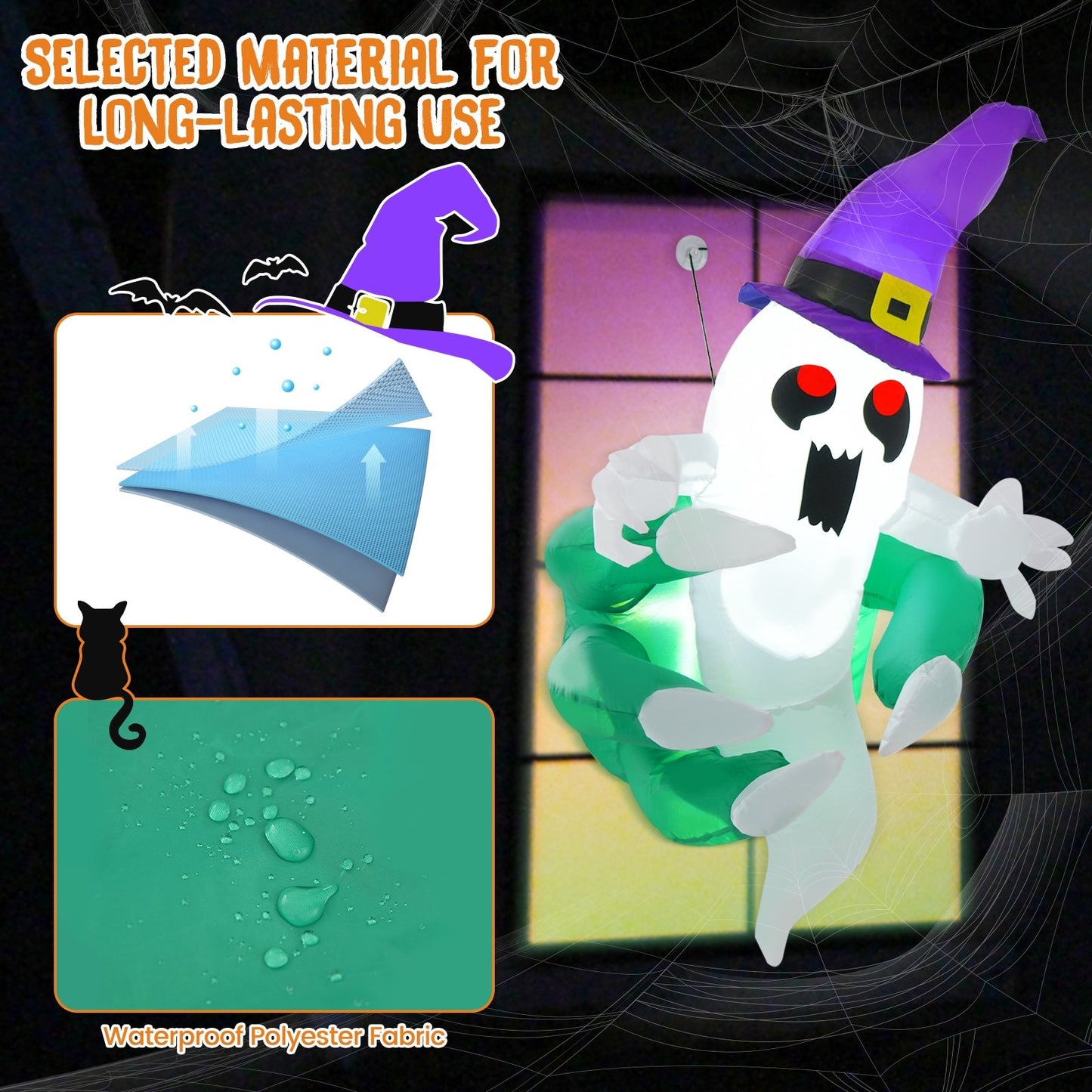 3.6 FT Halloween Inflatable Ghost Broke Out from Window, Multicolor