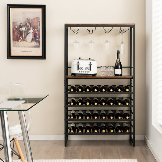 Freestanding Wine Bakers Rack with 4-Tier Wine Storage and 4 Rows of Stemware Racks, Brown - Gallery Canada