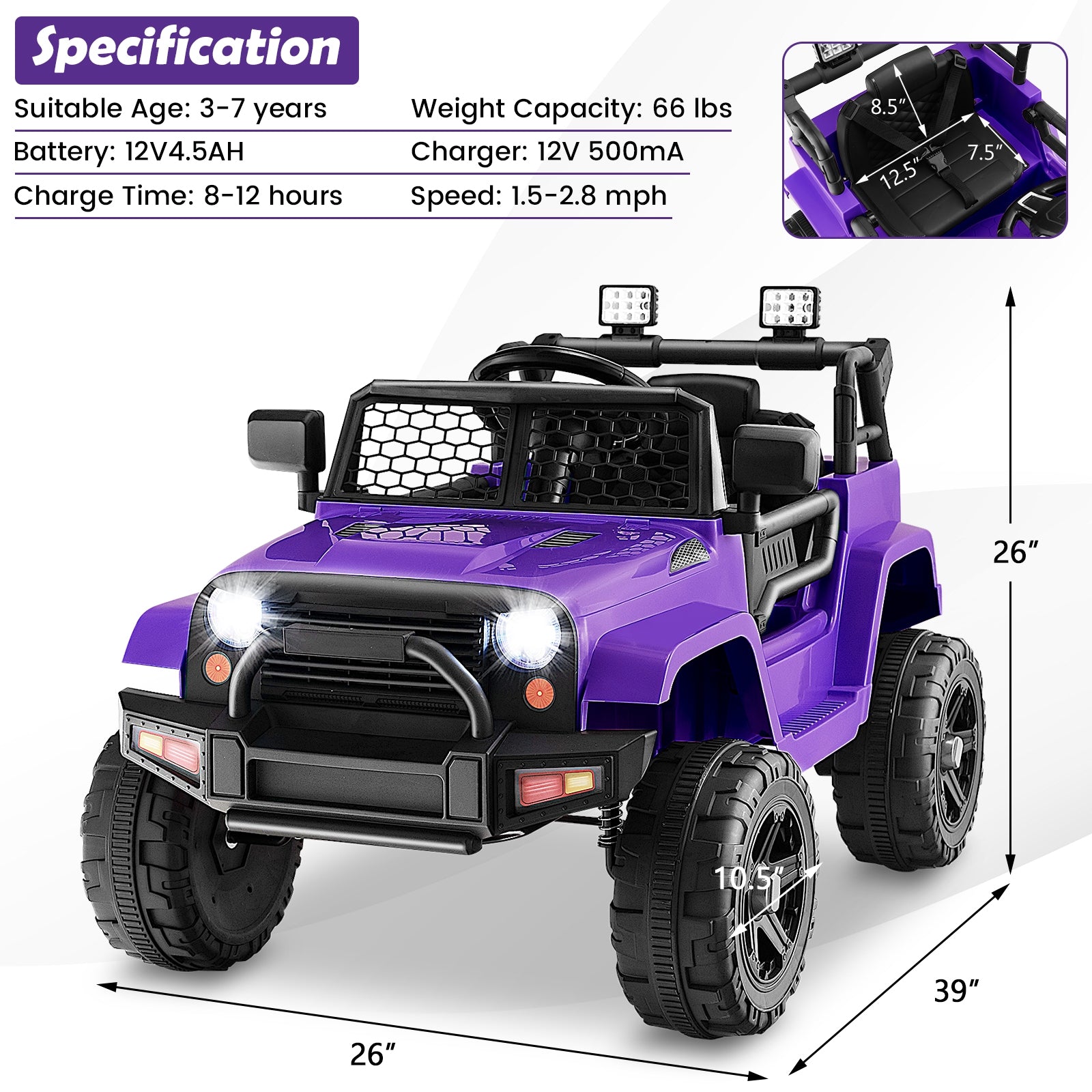 12V Kids Ride On Truck with Remote Control and Headlights, Purple Powered Ride On Toys at Gallery Canada