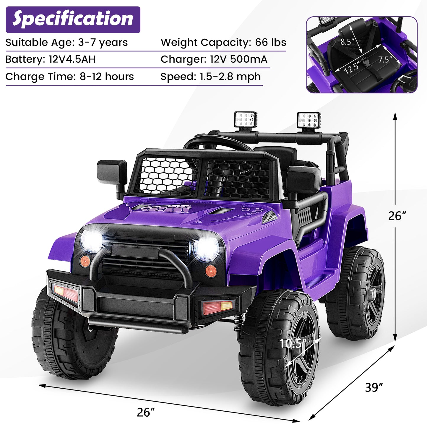 12V Kids Ride On Truck with Remote Control and Headlights, Purple Powered Ride On Toys at Gallery Canada