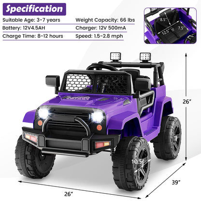 12V Kids Ride On Truck with Remote Control and Headlights, Purple Powered Ride On Toys at Gallery Canada