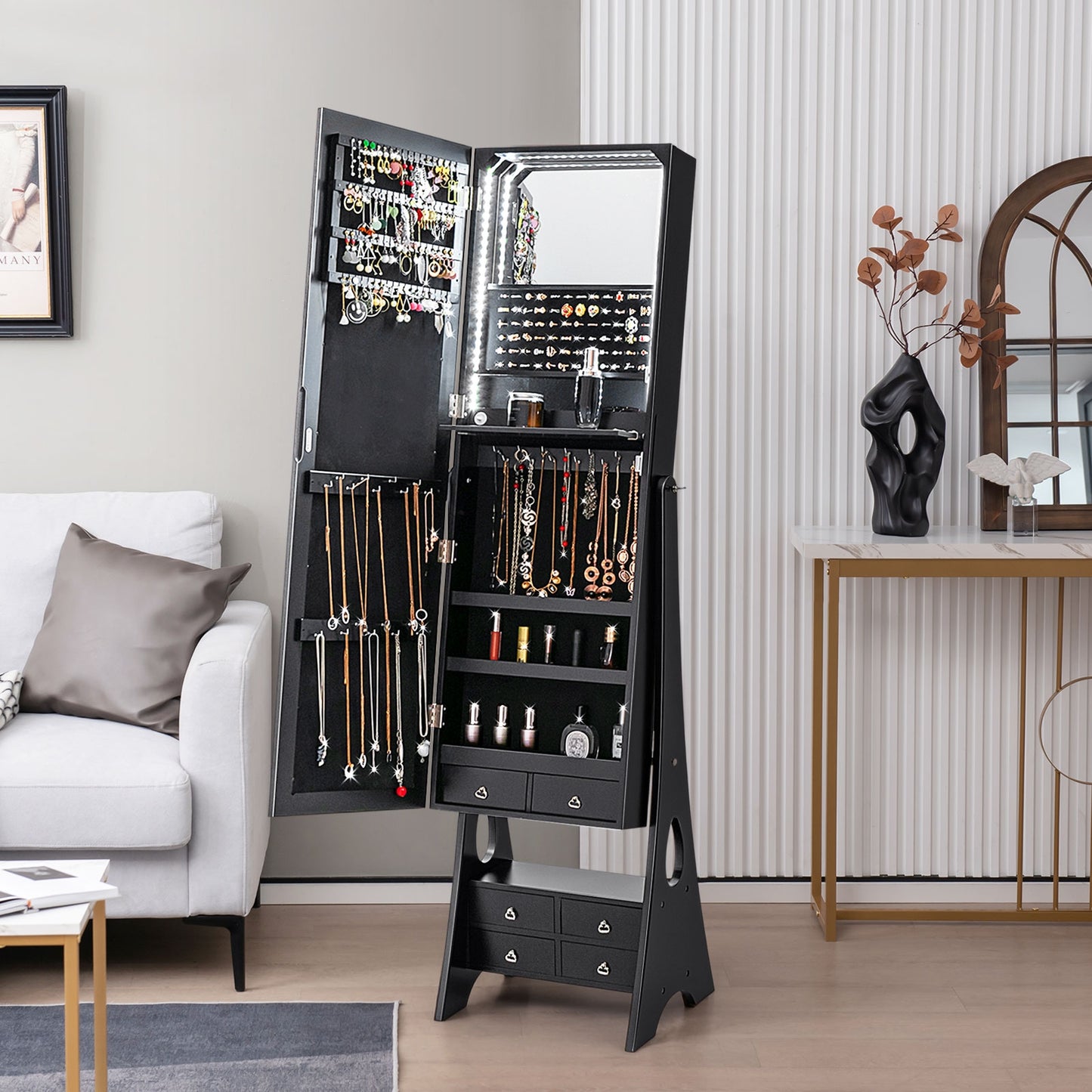 Freestanding Full Length LED Mirrored Jewelry Armoire with 6 Drawers, Black Jewelry Armoires at Gallery Canada