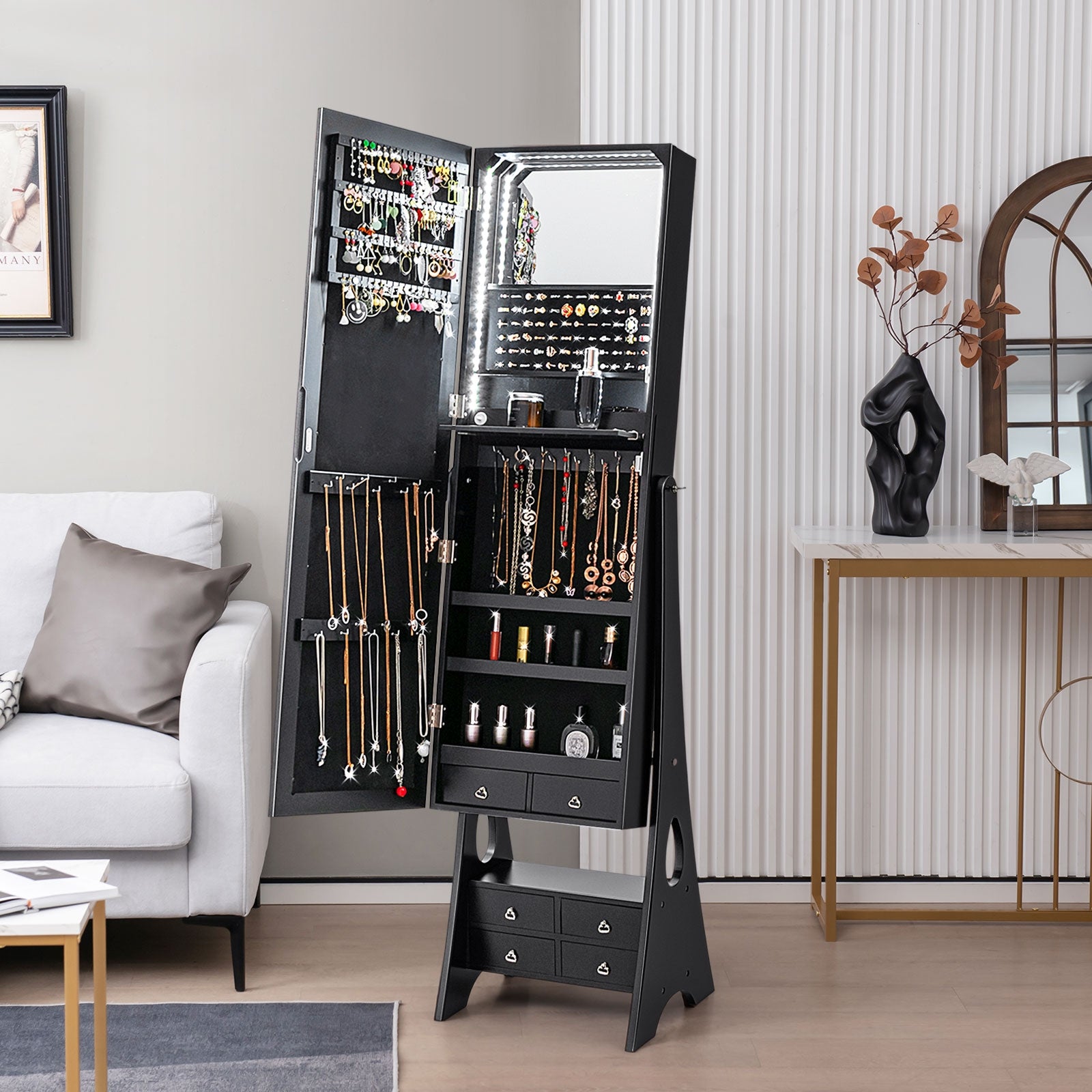 Freestanding Full Length LED Mirrored Jewelry Armoire with 6 Drawers, Black Jewelry Armoires at Gallery Canada