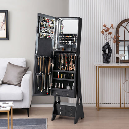 Freestanding Full Length LED Mirrored Jewelry Armoire with 6 Drawers, Black Jewelry Armoires at Gallery Canada