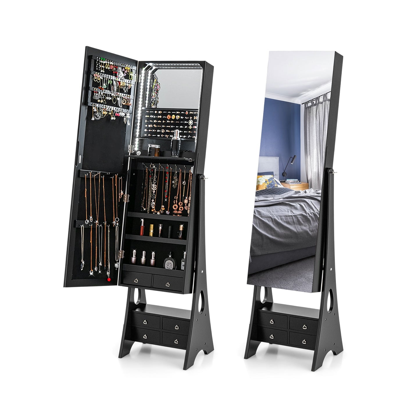 Freestanding Full Length LED Mirrored Jewelry Armoire with 6 Drawers, Black Jewelry Armoires Black at Gallery Canada