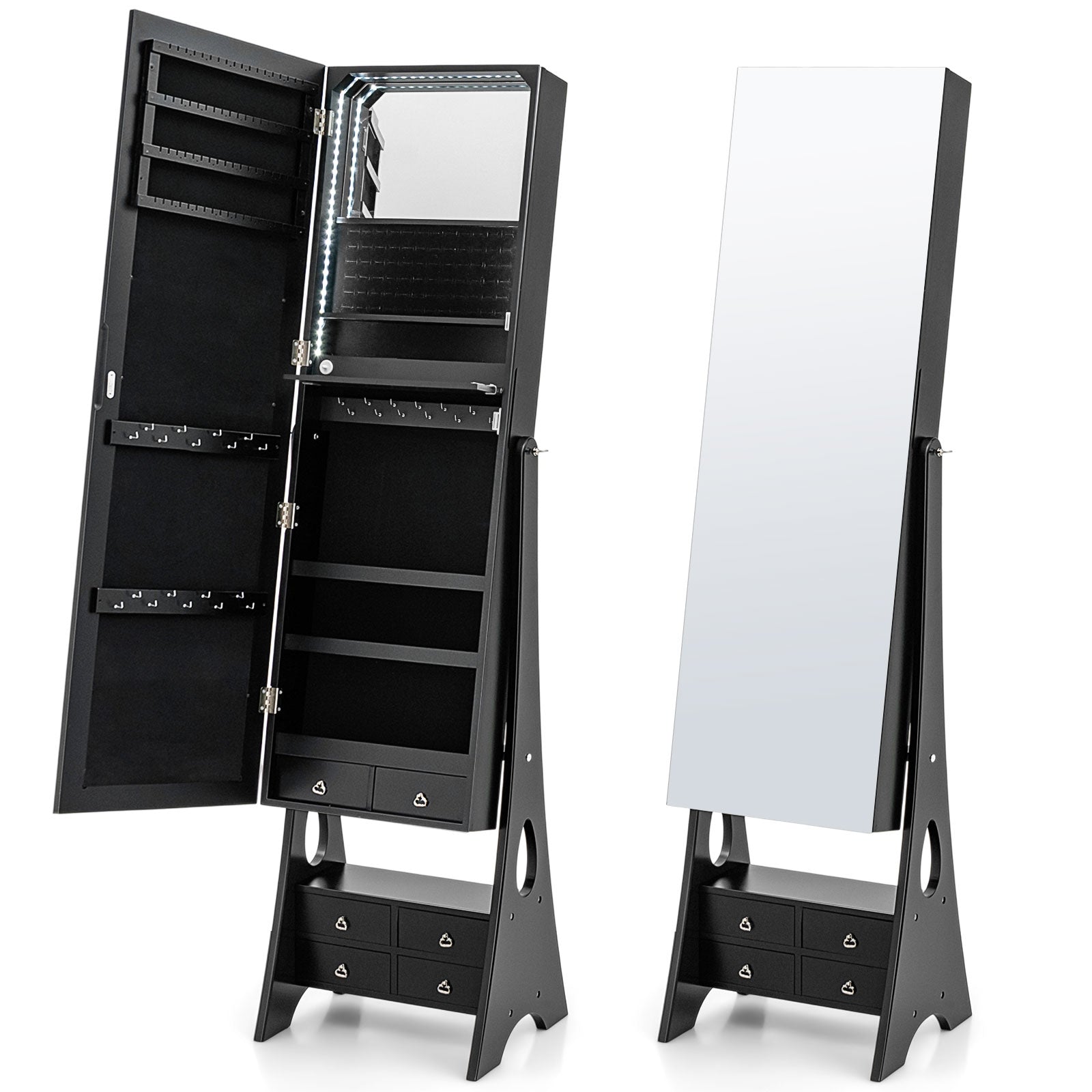 Freestanding Full Length LED Mirrored Jewelry Armoire with 6 Drawers, Black Jewelry Armoires at Gallery Canada