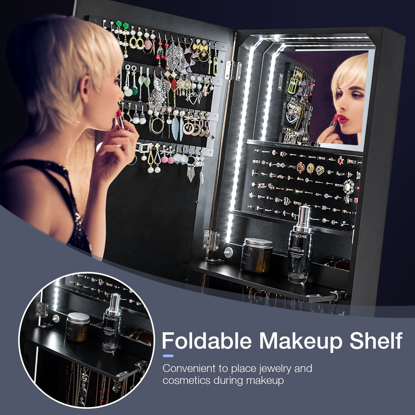 Freestanding Full Length LED Mirrored Jewelry Armoire with 6 Drawers, Black Jewelry Armoires at Gallery Canada