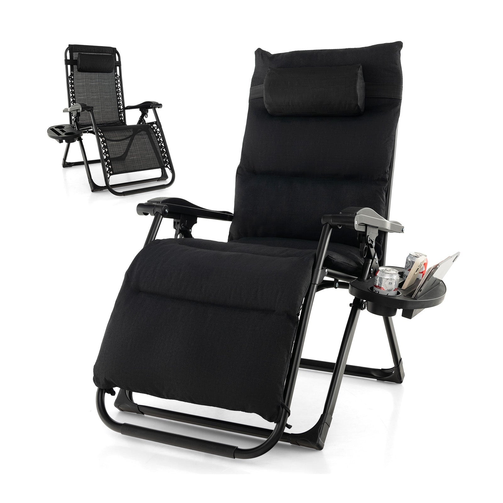Adjustable Metal Zero Gravity Lounge Chair with Removable Cushion and Cup Holder Tray, Black Outdoor Chaise Lounges at Gallery Canada