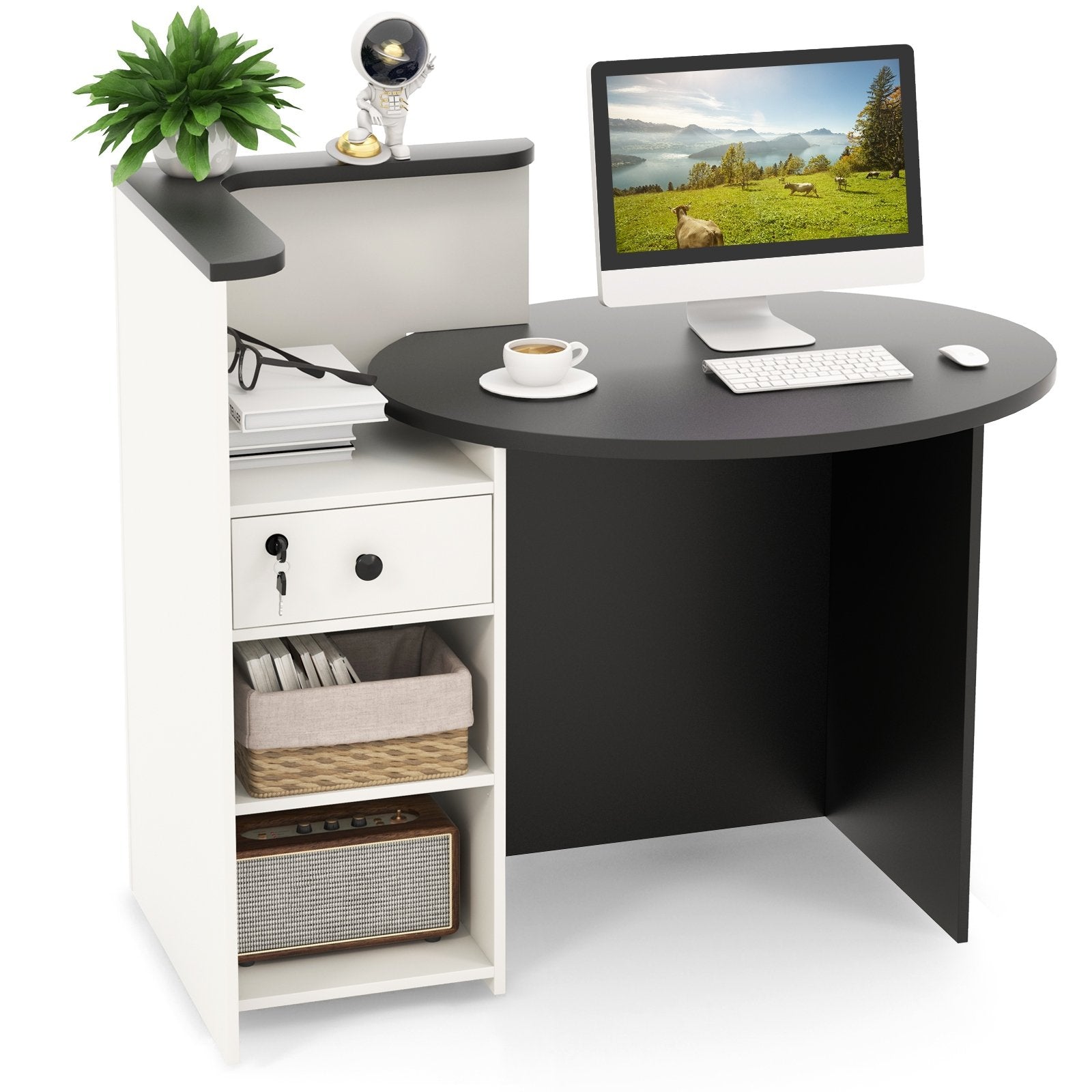 Front Reception Office Desk with Adjustable Shelf and Lockable Drawer, Black & White Corner Desks at Gallery Canada