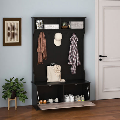 3 in 1 Coat Rack with Entryway Bench and Hooks and Enclosed Cabinet, Black