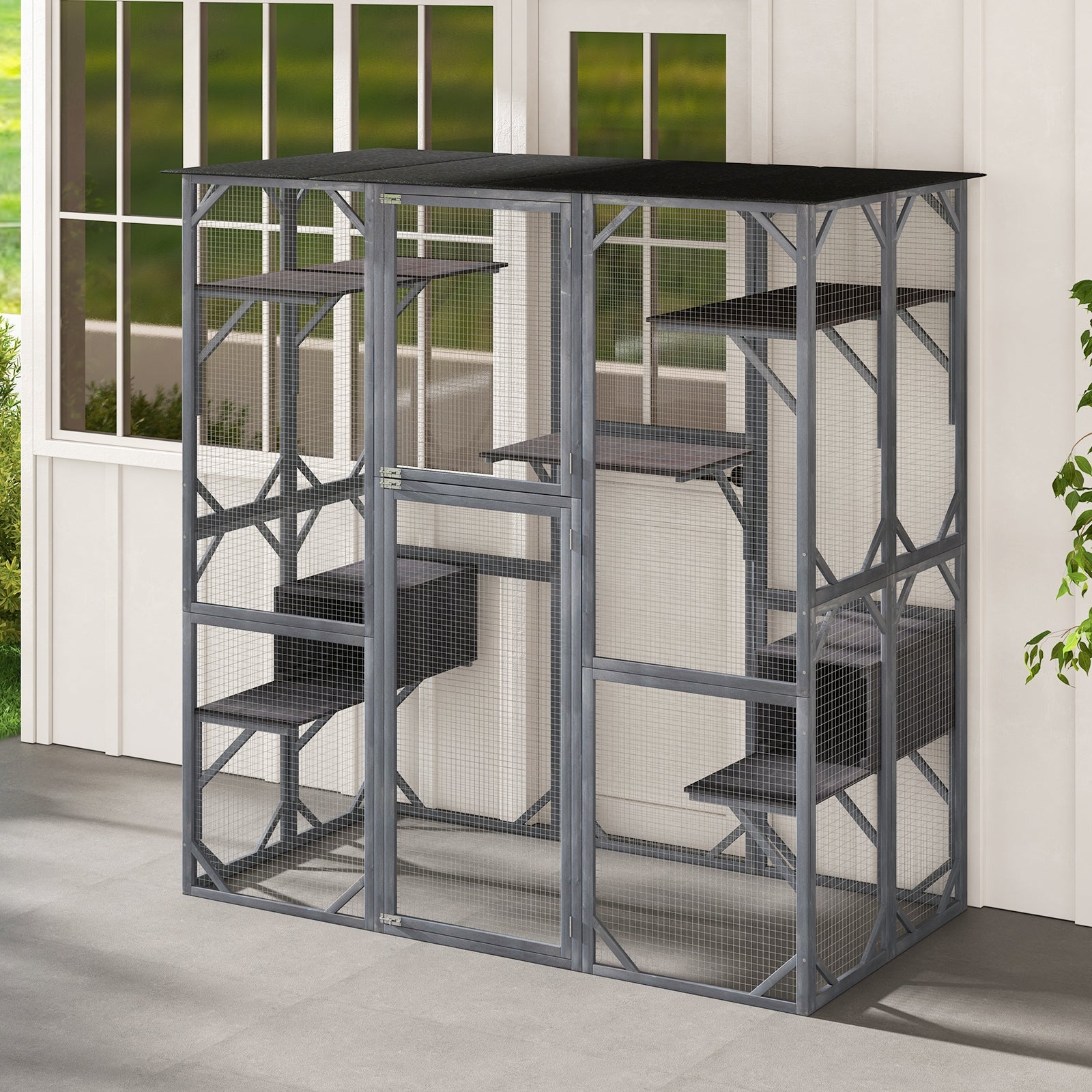 71 Inch Tall Outdoor Wooden Cat House with Weatherproof Asphalt Roof, Gray Cat Houses at Gallery Canada