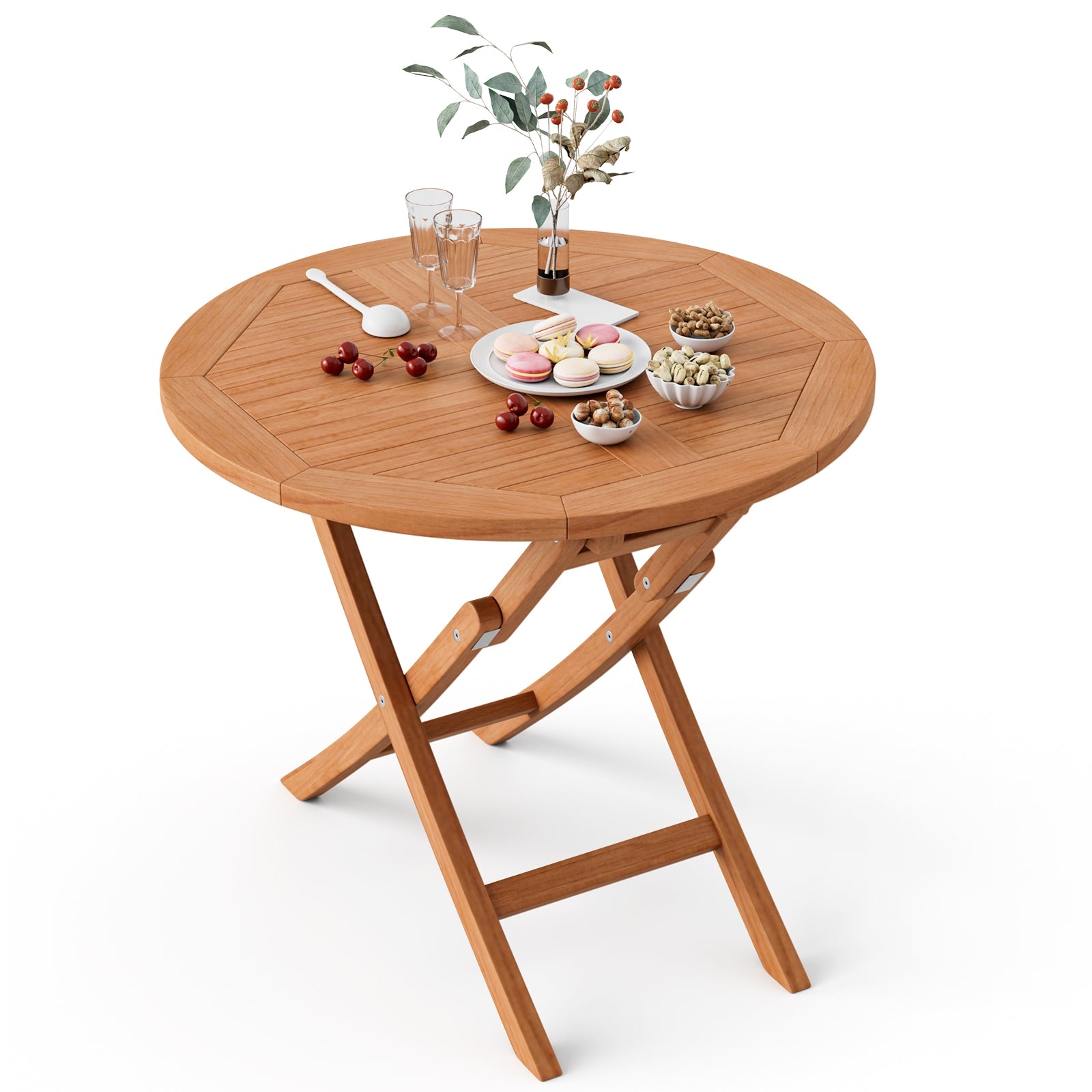 31.5 Inch Folding Round Coffee Table, Natural Teak Wood Patio Coffee Tables Natural at Gallery Canada