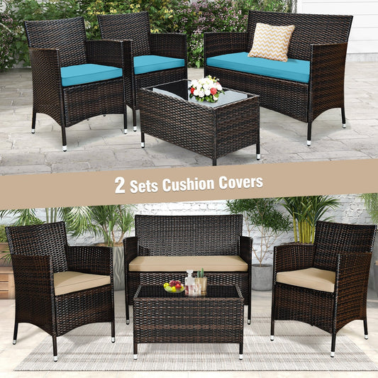 4 Pieces Comfortable Outdoor Rattan Sofa Set with Glass Coffee Table, Beige & Turquoise - Gallery Canada