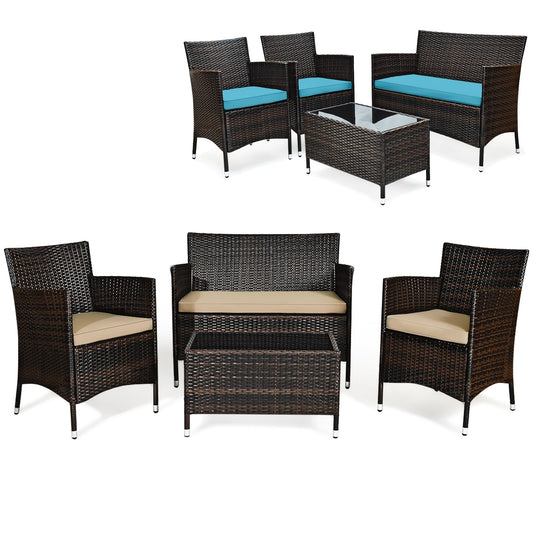 4 Pieces Comfortable Outdoor Rattan Sofa Set with Glass Coffee Table, Beige & Turquoise - Gallery Canada