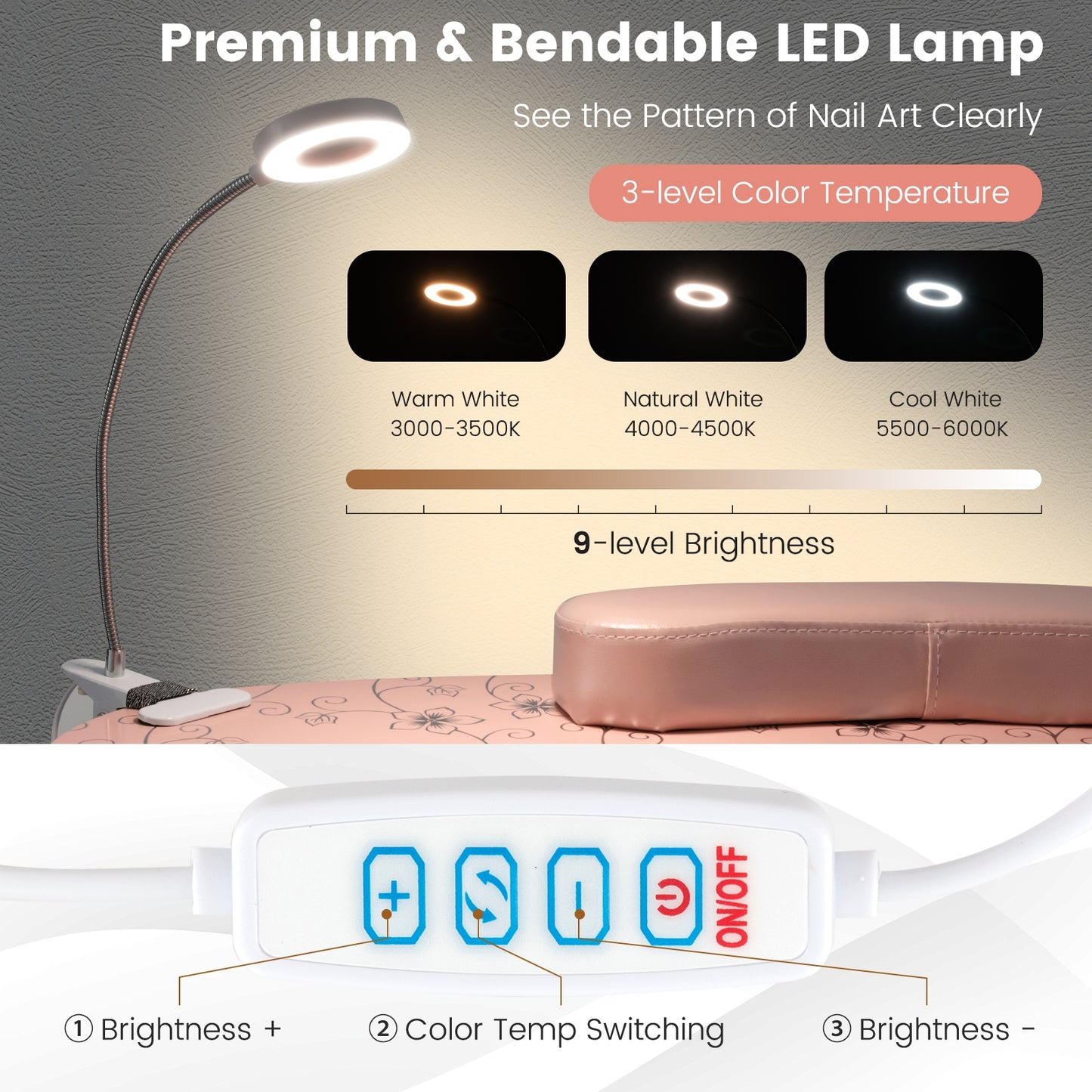 Manicure Nail Table with Bendable USB-plug LED Table Lamp, Pink Massage at Gallery Canada