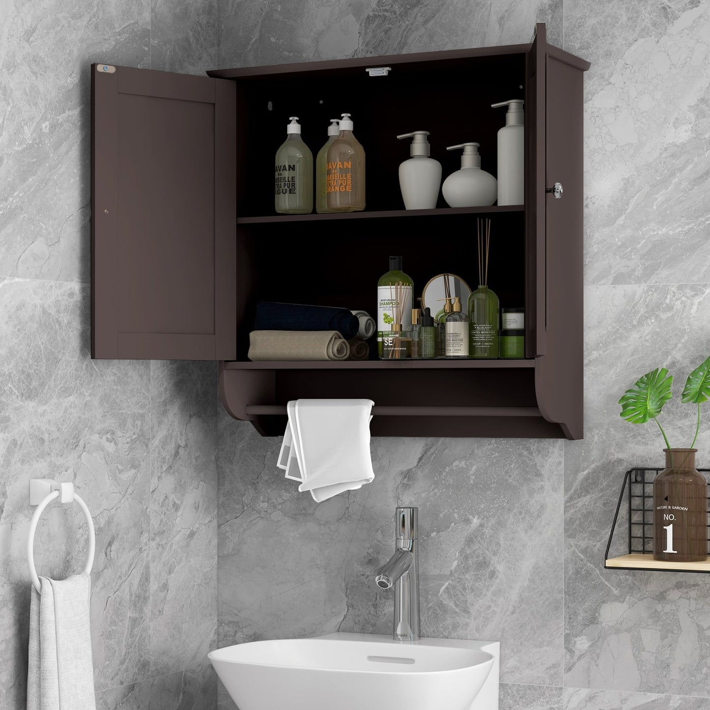 Wall Mounted Bathroom Storage Medicine Cabinet with Towel Bar, Brown - Gallery Canada