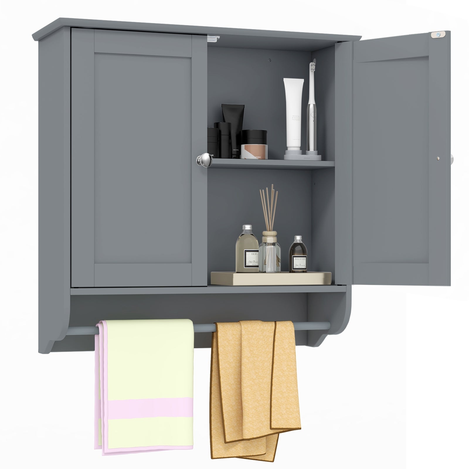 Wall Mounted Bathroom Storage Medicine Cabinet with Towel Bar, Gray Wall Cabinets Gray at Gallery Canada