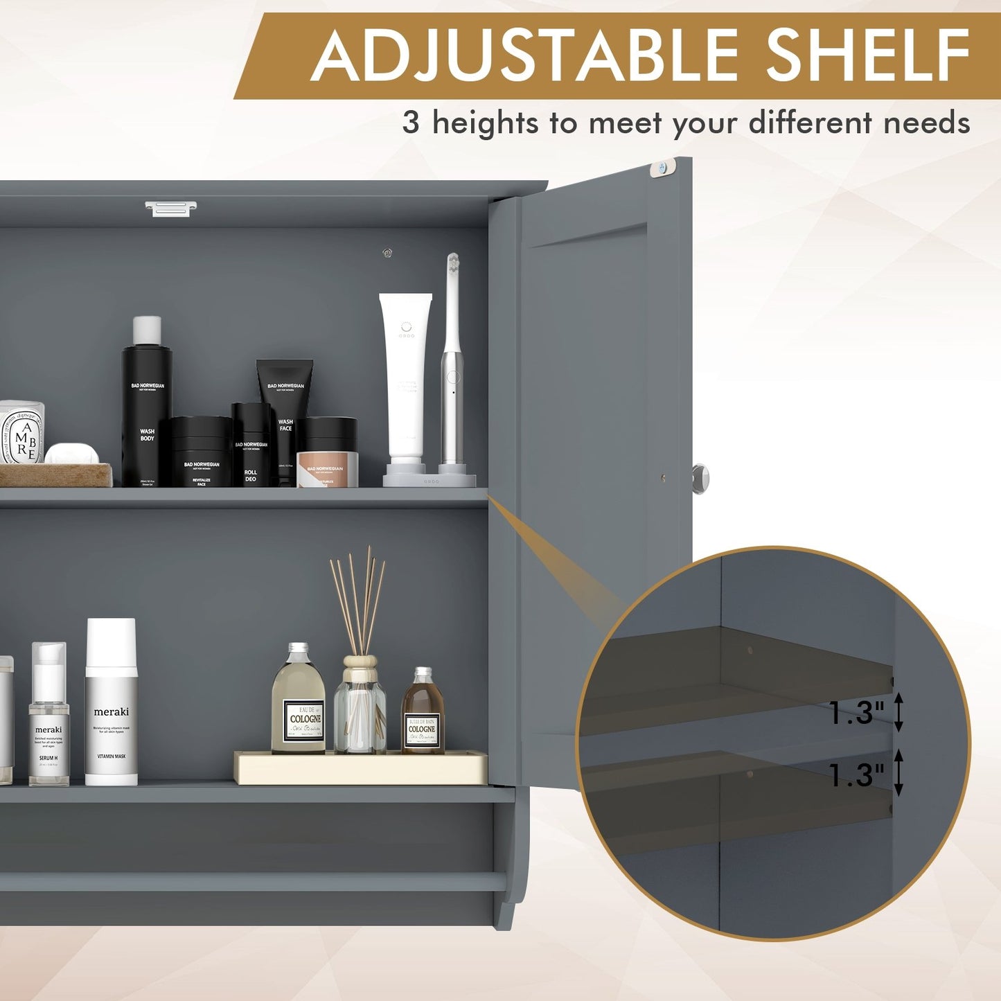 Wall Mounted Bathroom Storage Medicine Cabinet with Towel Bar, Gray