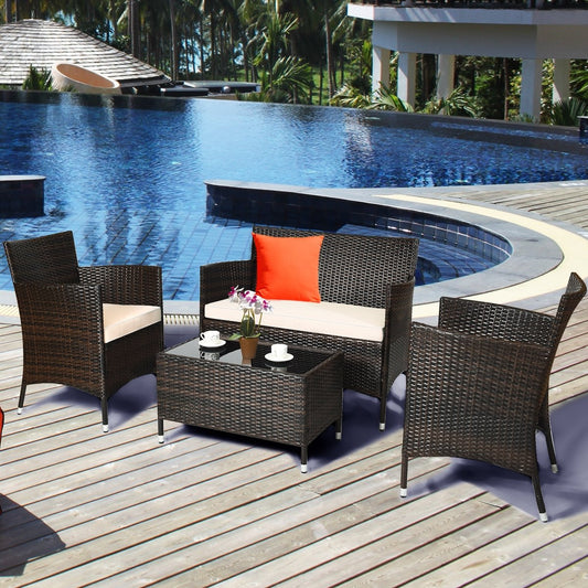 4 Pieces Comfortable Outdoor Rattan Sofa Set with Glass Coffee Table, Beige & Gray - Gallery Canada