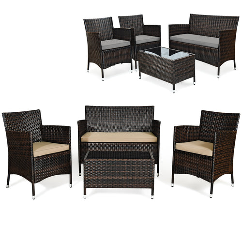 4 Piece Outdoor Rattan Sofa Set, Glass Coffee Table, Gray, Beige