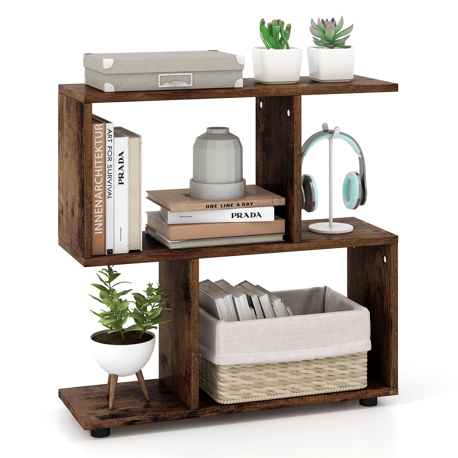 24 Inch 3-Tier Geometric Bookshelf, Brown Bookcases at Gallery Canada
