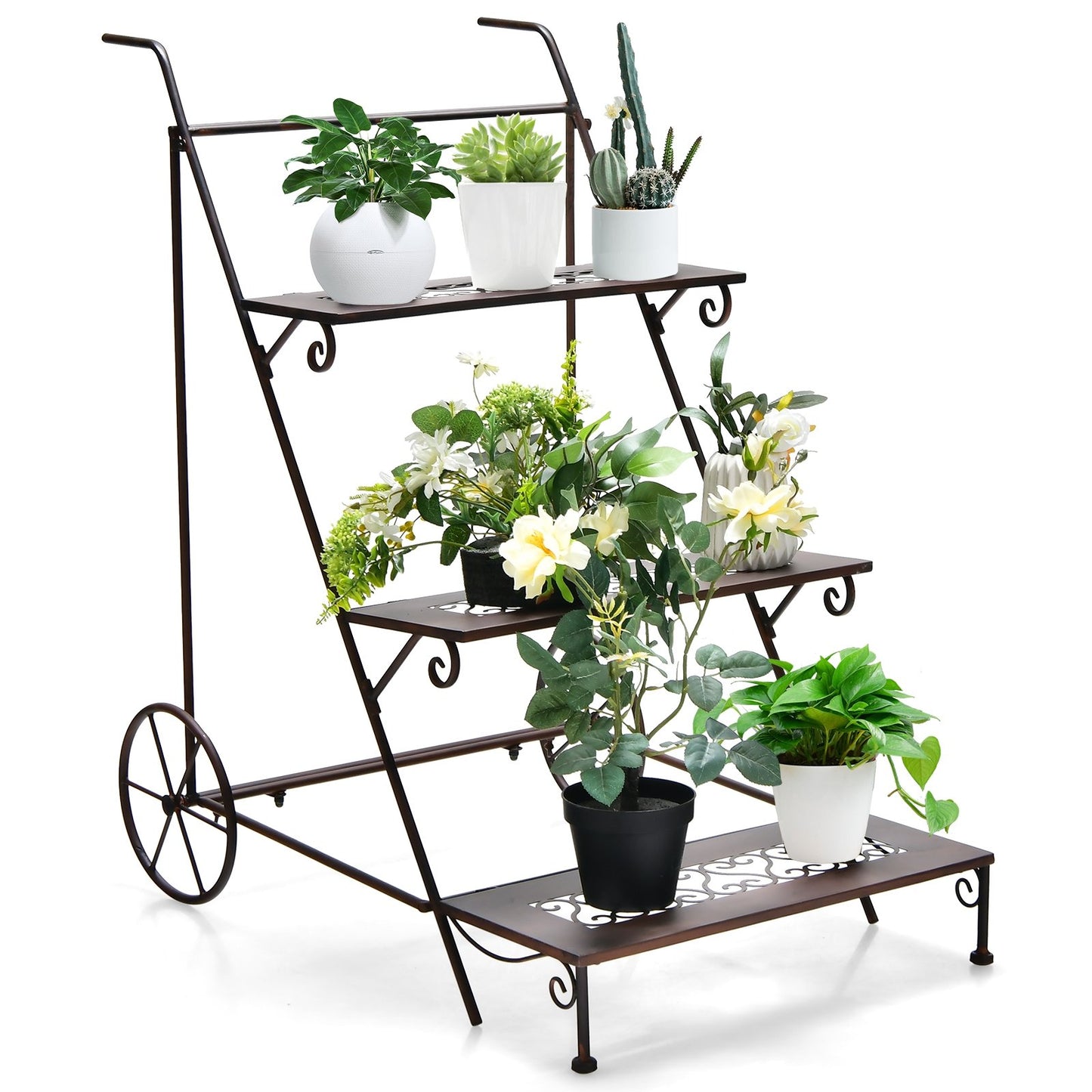 3-Tier Metal Plant Stand with Wheels and Handle for Balcony, Black