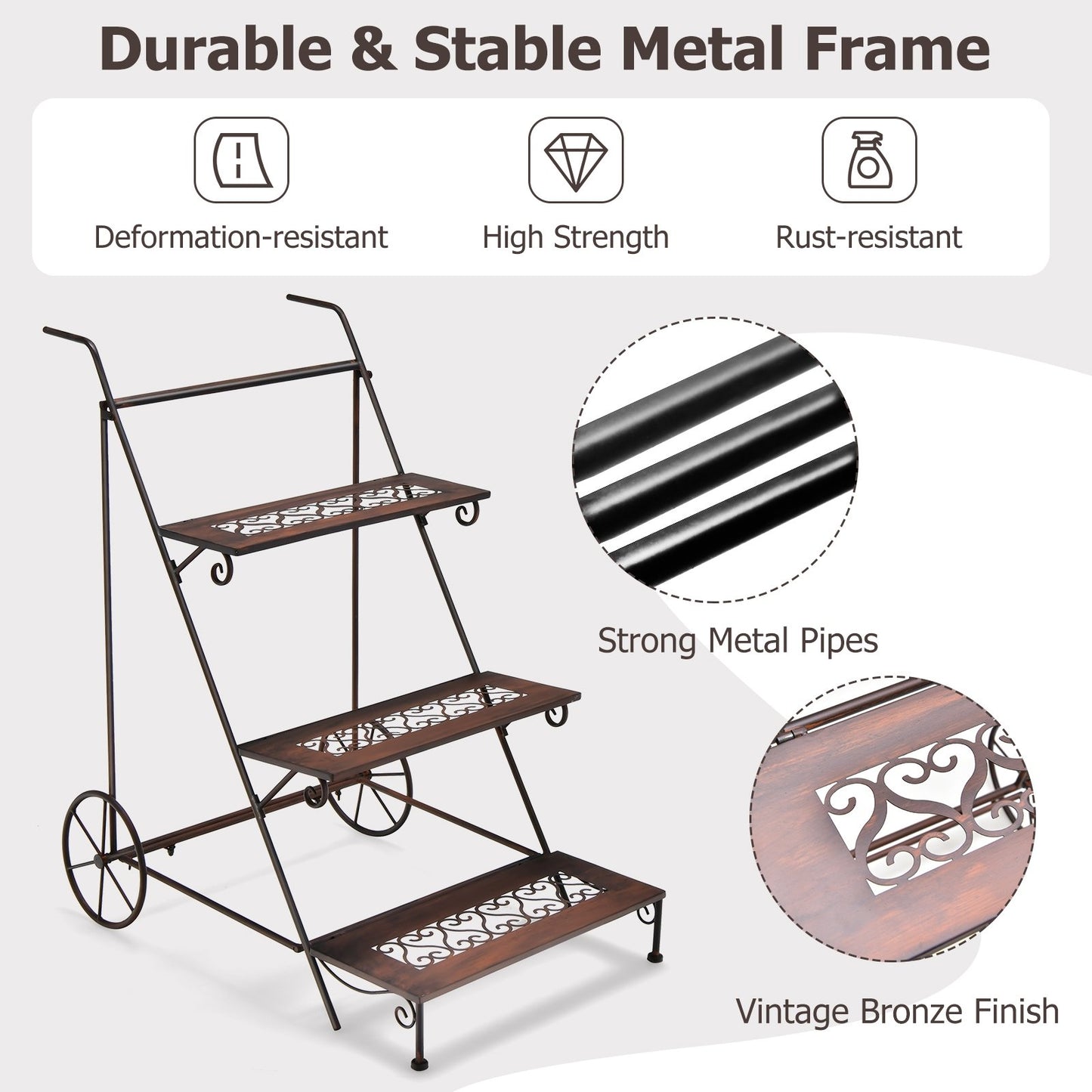 3-Tier Metal Plant Stand with Wheels and Handle for Balcony, Black