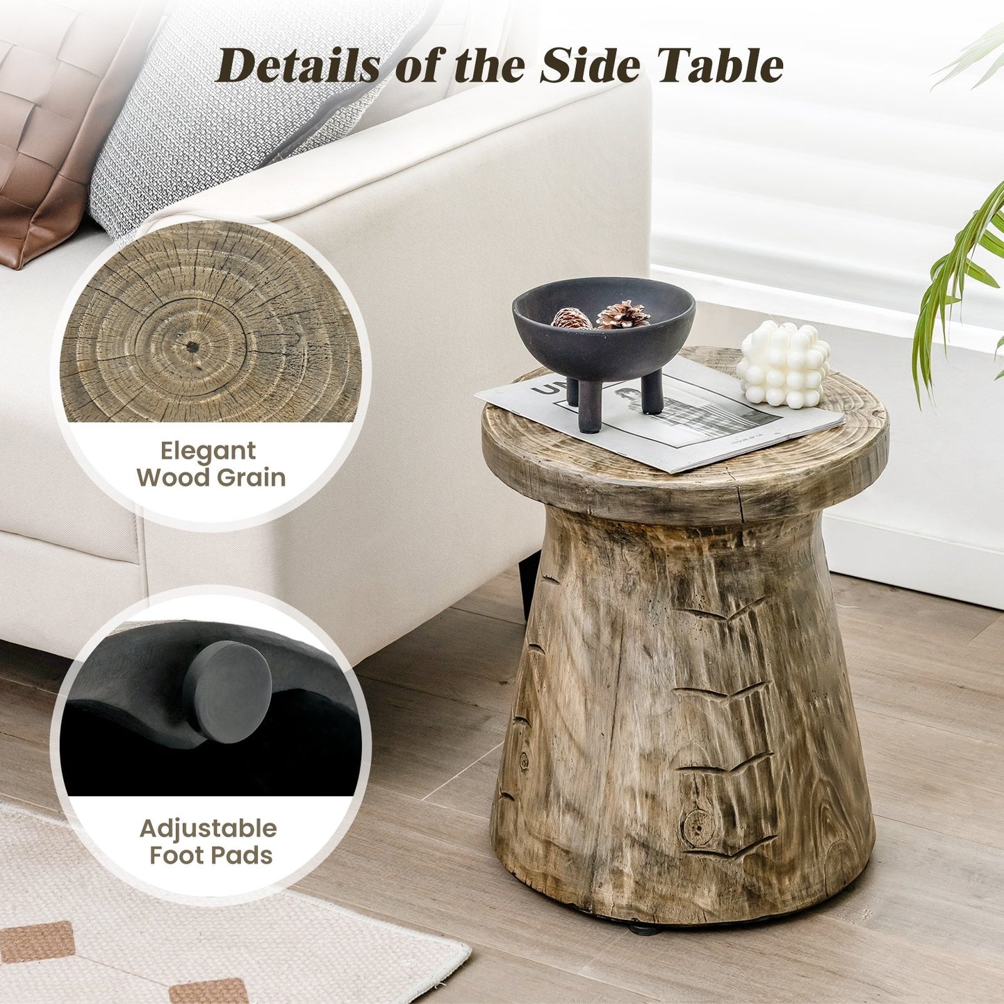 Weather Resident Rock End Table with Wood Grain for Living Room, Natural