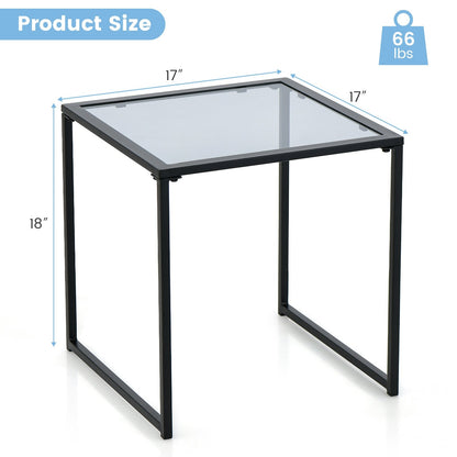 Tempered Glass Side Table with Metal Frame for Indoor and Outdoor, Black